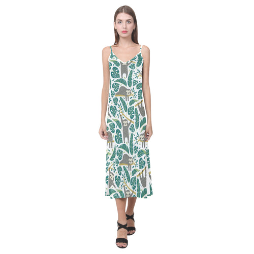 Cute sloths tropical palm leaves white background V-Neck Open Fork Long Dress