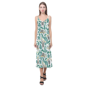 Cute sloths tropical palm leaves white background V-Neck Open Fork Long Dress