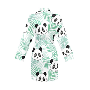 Panda pattern tropical leaves background Women's Long Sleeve Belted Night Robe