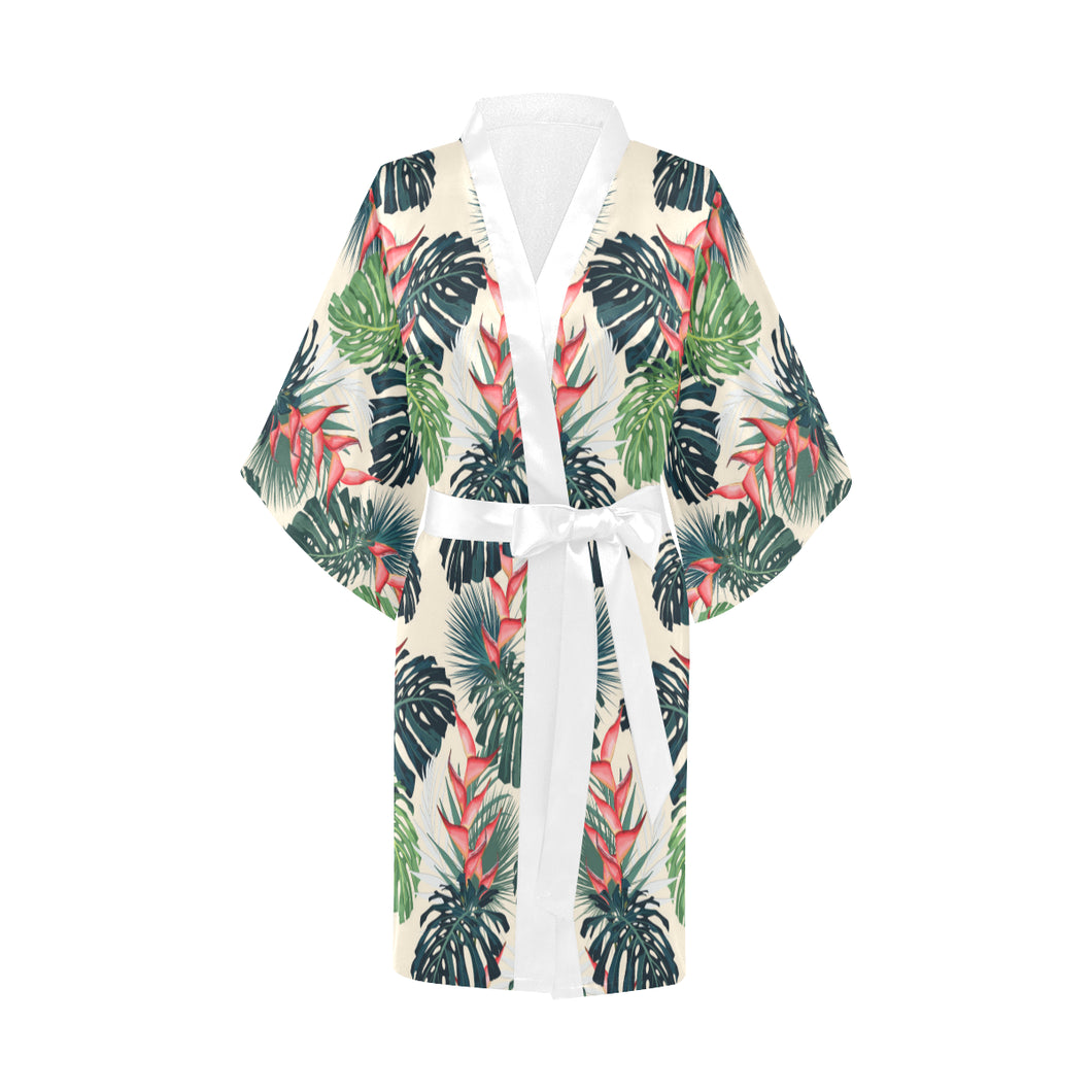 heliconia flowers, palm and monstera leaves Women's Short Kimono Robe