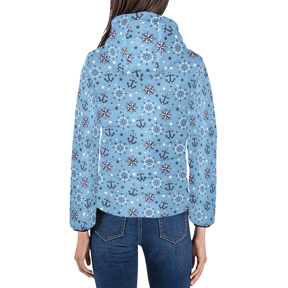 Anchors rudder compass star nautical pattern Women's Padded Hooded Jacket