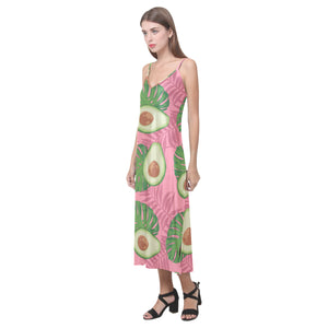 Avocado slices leaves pink back ground V-Neck Open Fork Long Dress