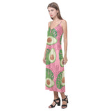 Avocado slices leaves pink back ground V-Neck Open Fork Long Dress