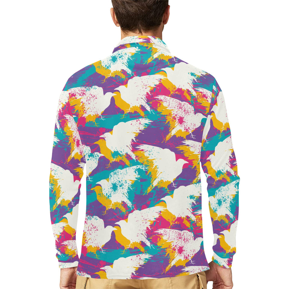 Colorful crow illustration pattern Men's Long Sleeve Polo Shirt