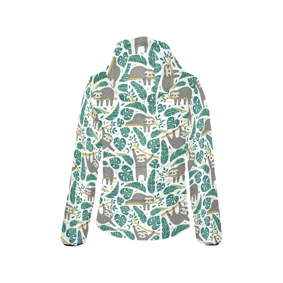 Cute sloths tropical palm leaves white background Women's Padded Hooded Jacket