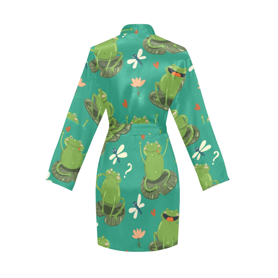 Cute frog dragonfly design pattern Women's Long Sleeve Belted Night Robe