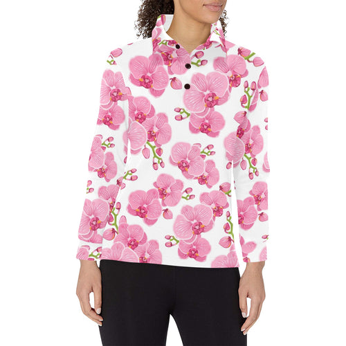 pink purple orchid pattern background Women's Long Sleeve Polo Shirt