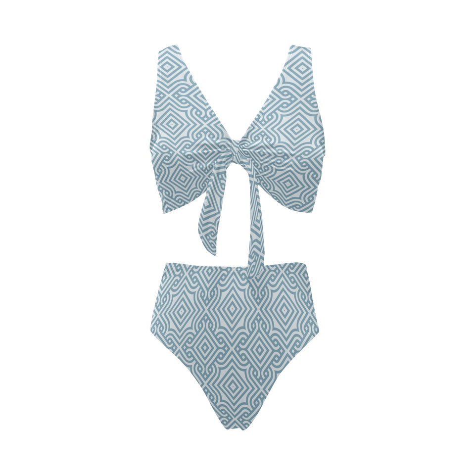 arabic pattern Chest Bowknot High Waisted Bikini Swimsuit