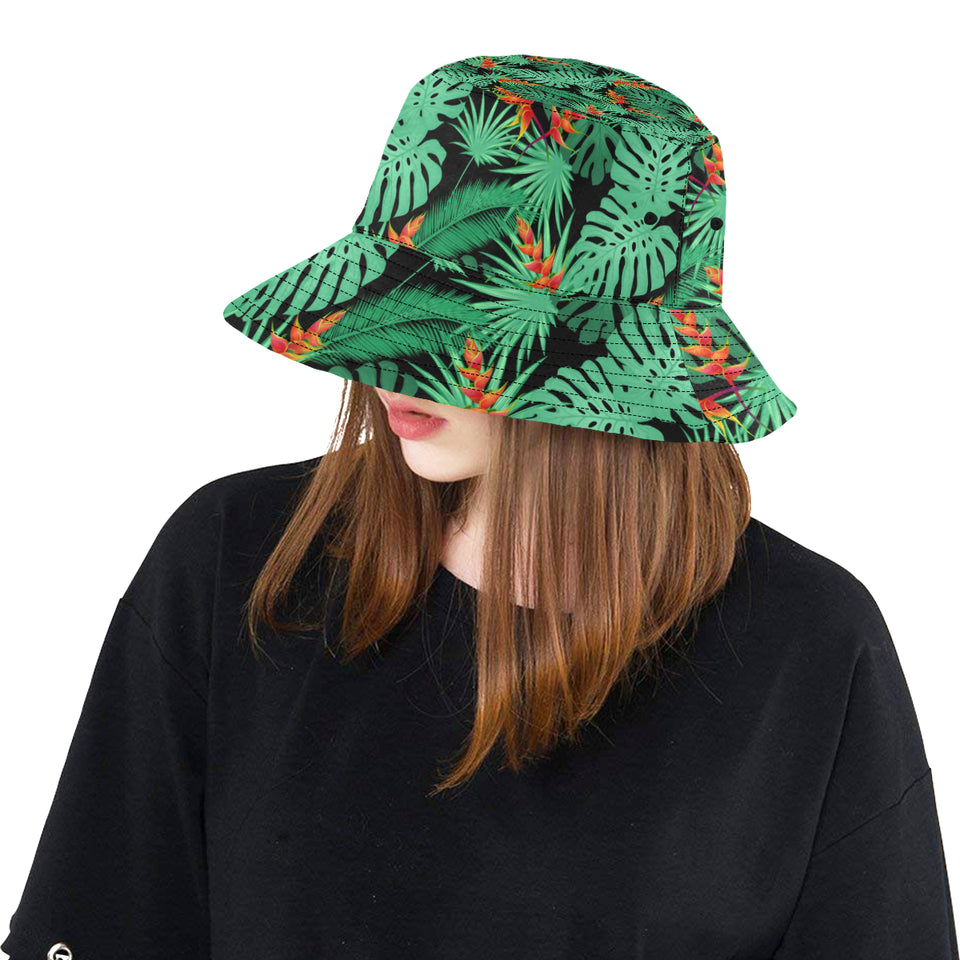 heliconia flower palm monstera leaves black backgr Unisex Bucket Hat