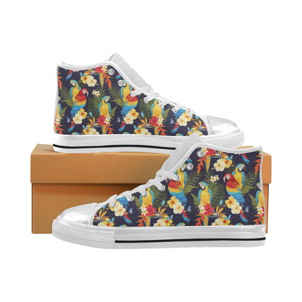 Colorful parrot flower pattern Women's High Top Canvas Shoes White