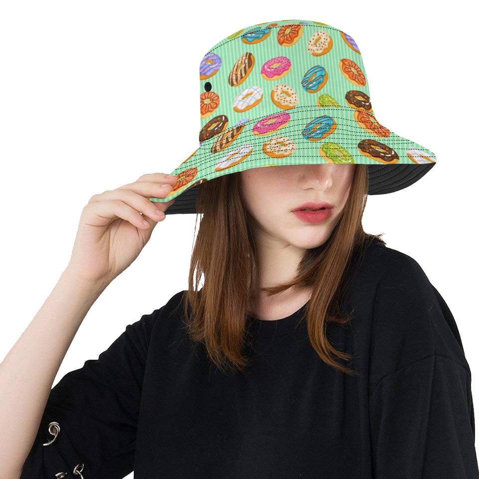 Colorful donut pattern green background Unisex Bucket Hat