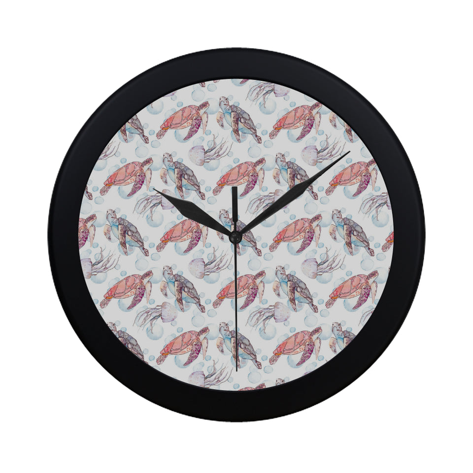 Watercolor sea turtle jellyfish pattern Elegant Black Wall Clock