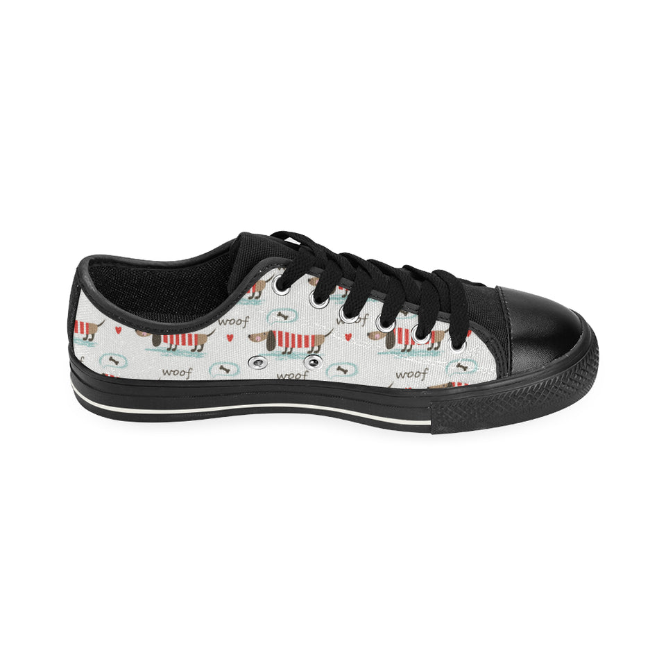 Cute dachshund bone pattern Men's Low Top Canvas Shoes Black