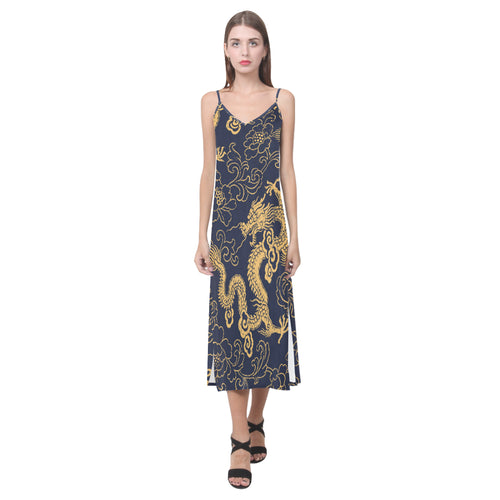 Gold dragon pattern V-Neck Open Fork Long Dress