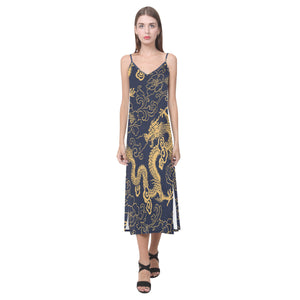 Gold dragon pattern V-Neck Open Fork Long Dress