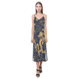 Gold dragon pattern V-Neck Open Fork Long Dress
