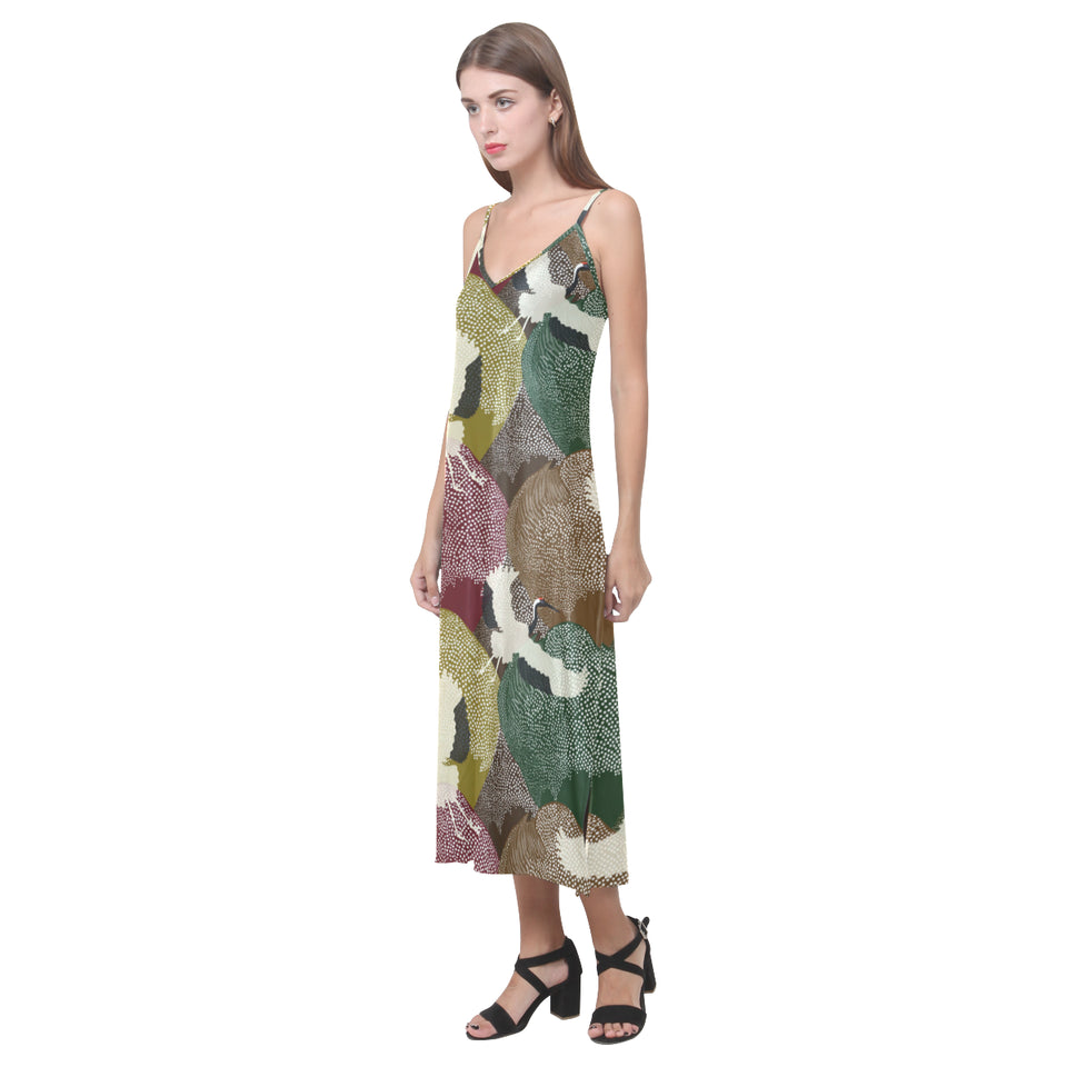 Japanese cranes flying forest dot pattern V-Neck Open Fork Long Dress