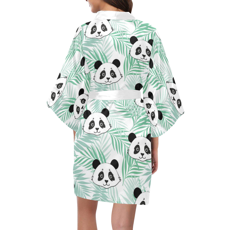 Panda pattern tropical leaves background Women's Short Kimono Robe
