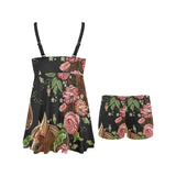 Horse head wild roses pattern Chest Sexy Pleated Two Piece Swim Dress