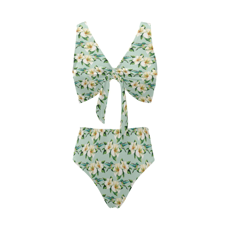 Hummingbird Pattern Print Design 01 Chest Bowknot High Waisted Bikini Swimsuit