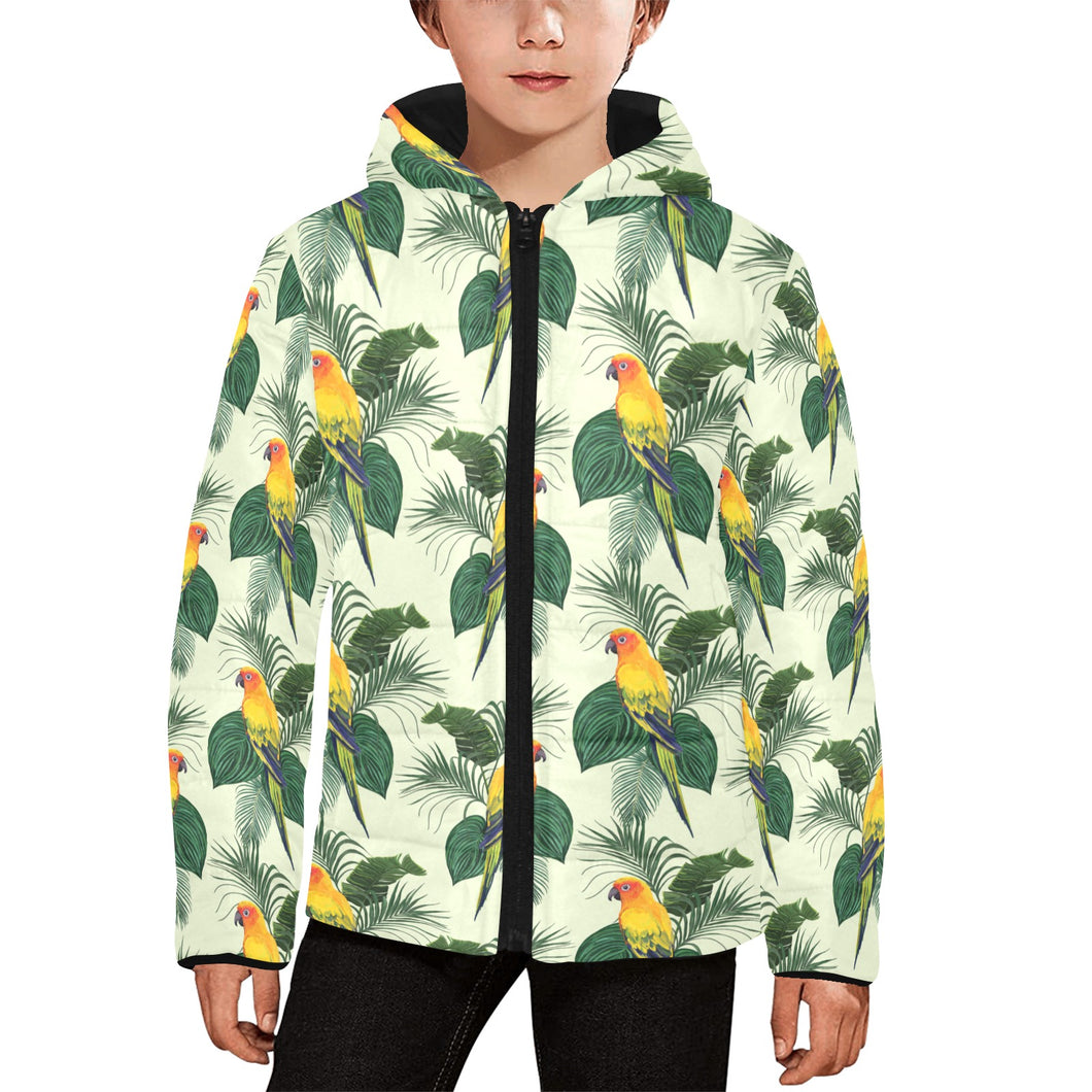 Beautiful parrot palm leaves pattern Kids' Boys' Girls' Padded Hooded Jacket