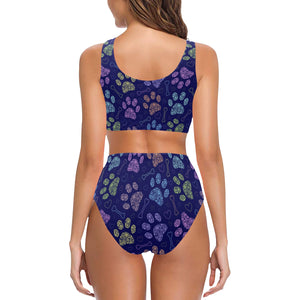 Dog Paws Pattern Print Design 02 Chest Bowknot High Waisted Bikini Swimsuit