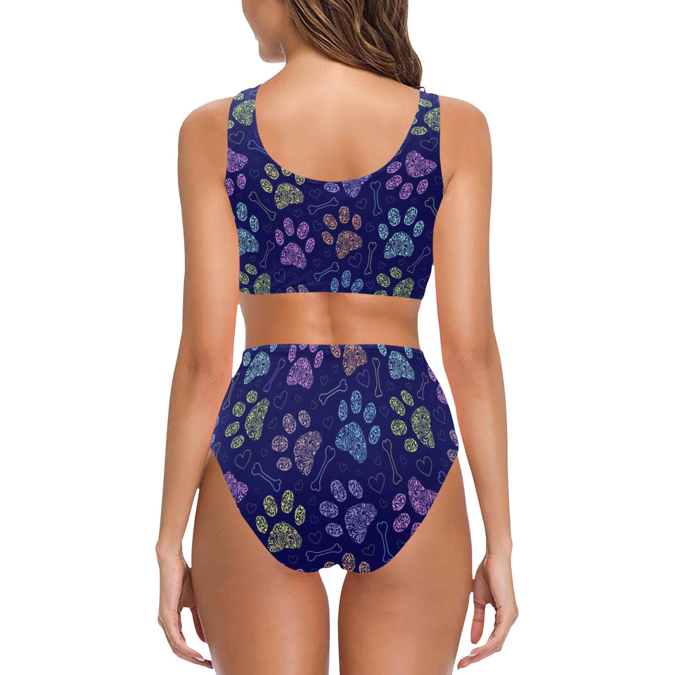 Dog Paws Pattern Print Design 02 Chest Bowknot High Waisted Bikini Swimsuit