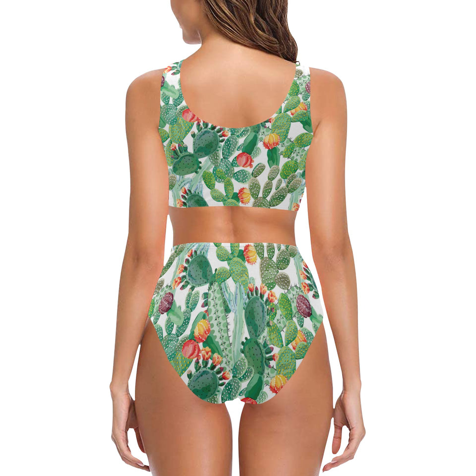 Cactus design pattern copy Chest Bowknot High Waisted Bikini Swimsuit