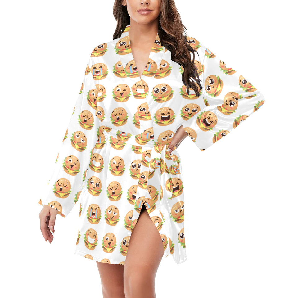 Hamburger Pattern Print Design 04 Women's Long Sleeve Belted Night Robe