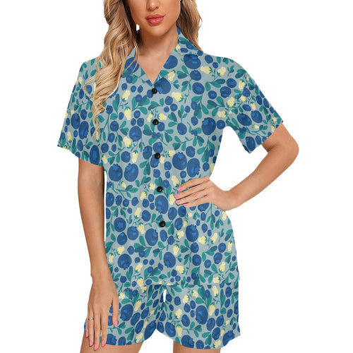 blueberry design pattern Women's V-Neck Short Pajama Set