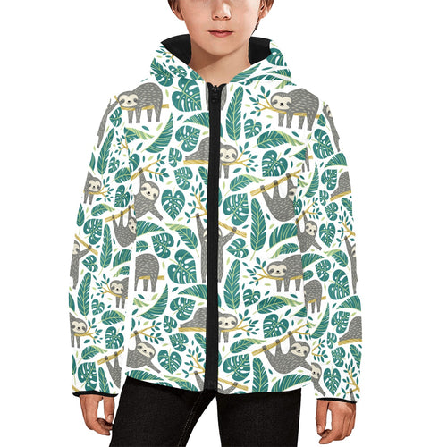 Cute sloths tropical palm leaves white background Kids' Boys' Girls' Padded Hooded Jacket