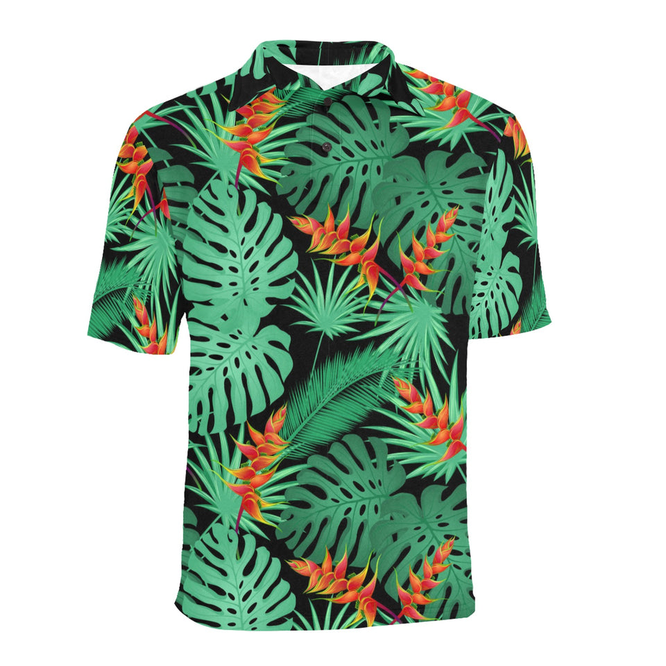 heliconia flower palm monstera leaves black backgr Men's All Over Print Polo Shirt