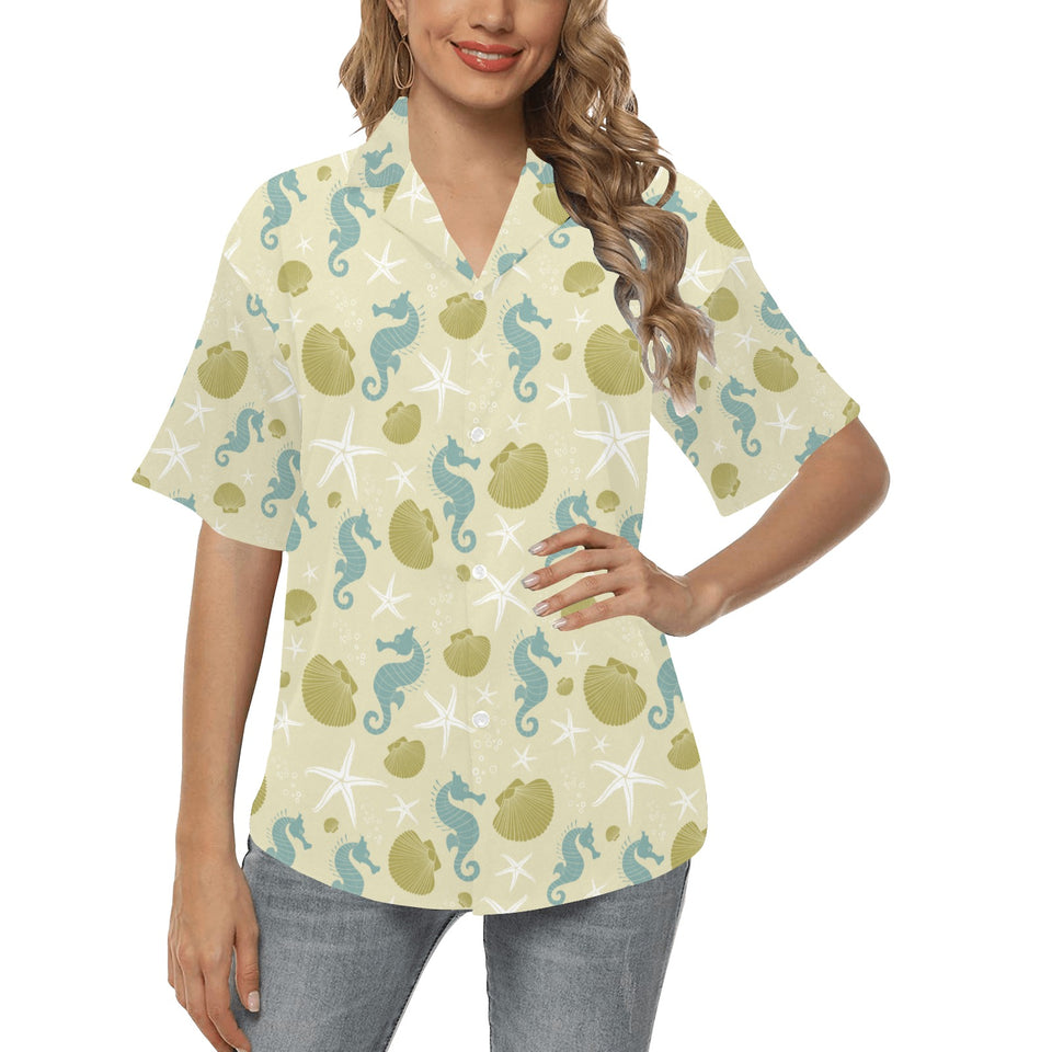 Seahorse shell starfish pattern background Women's All Over Print Hawaiian Shirt