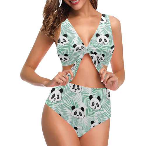 Panda pattern tropical leaves background Chest Bowknot High Waisted Bikini Swimsuit