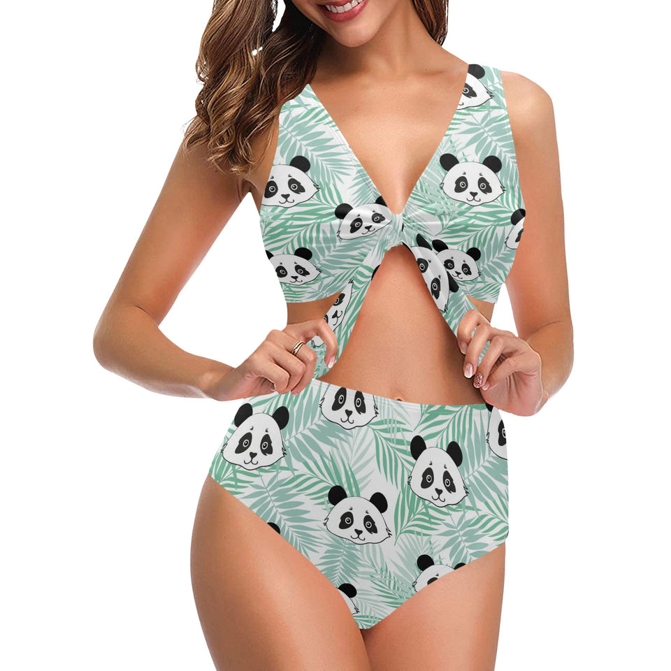 Panda pattern tropical leaves background Chest Bowknot High Waisted Bikini Swimsuit