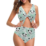 Panda pattern tropical leaves background Chest Bowknot High Waisted Bikini Swimsuit