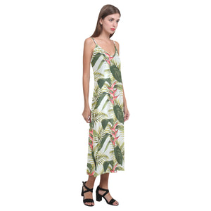 heliconia pattern V-Neck Open Fork Long Dress