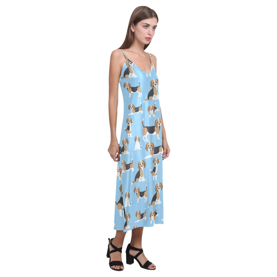 Beagle dog blue background pattern V-Neck Open Fork Long Dress