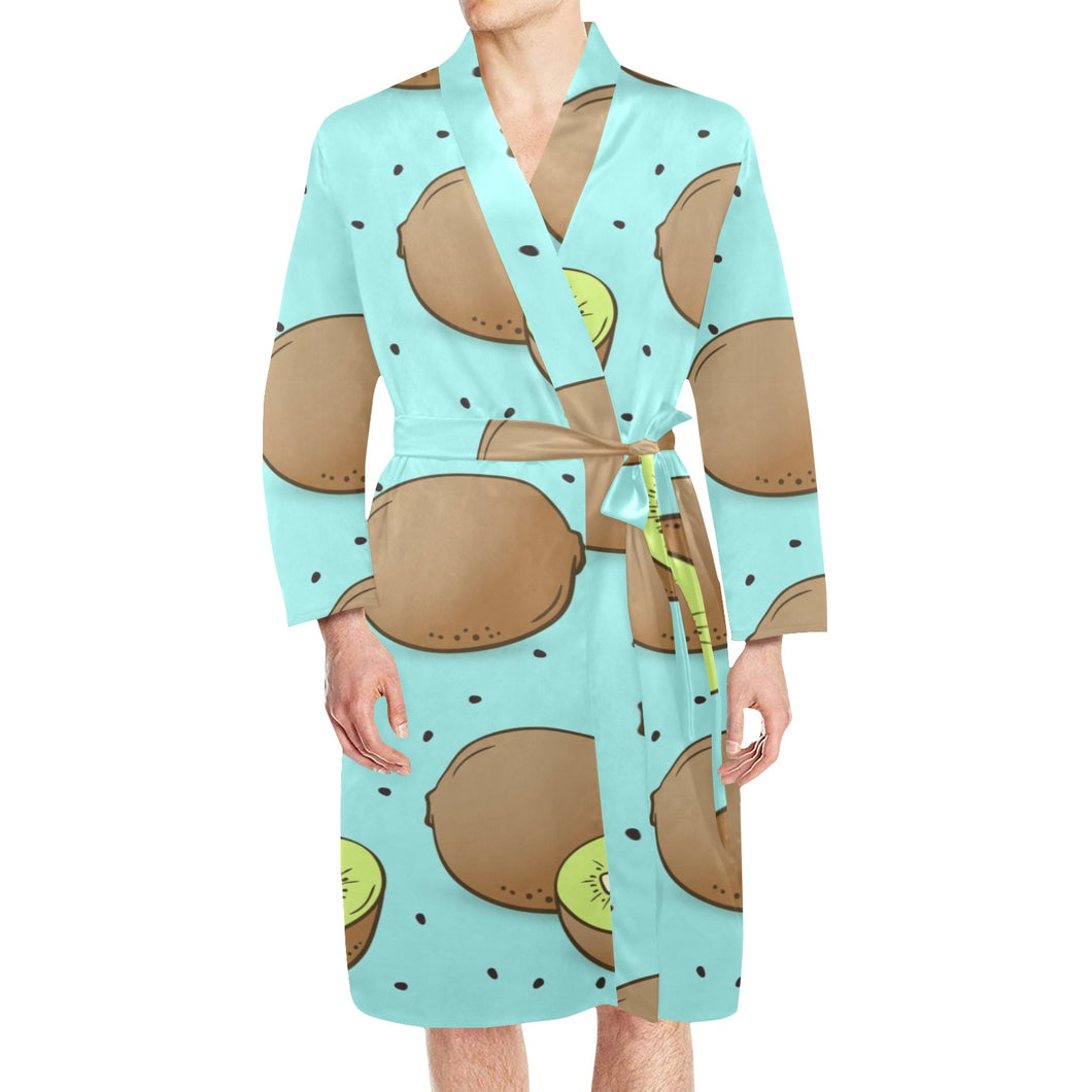 Kiwi blue background Men's Long Sleeve Belted Night Robe