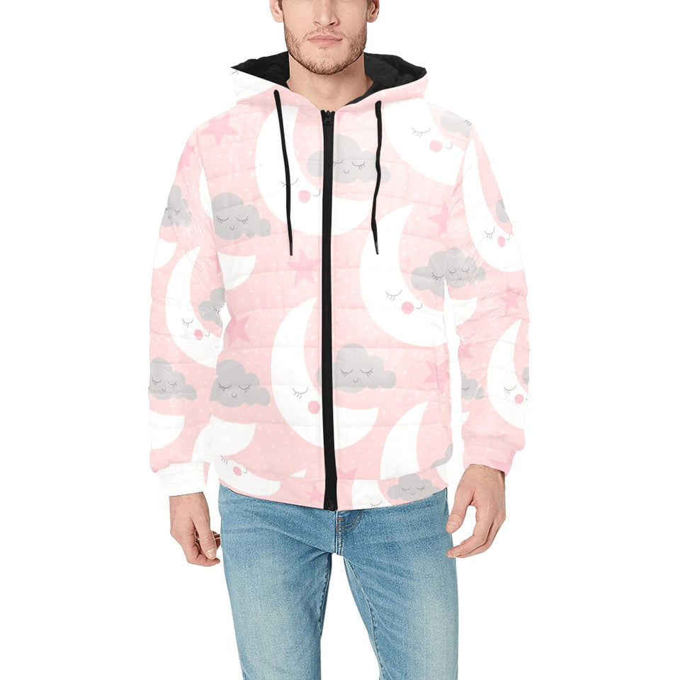 Cute moon cloud star pattern pink dot background Men's Padded Hooded Jacket