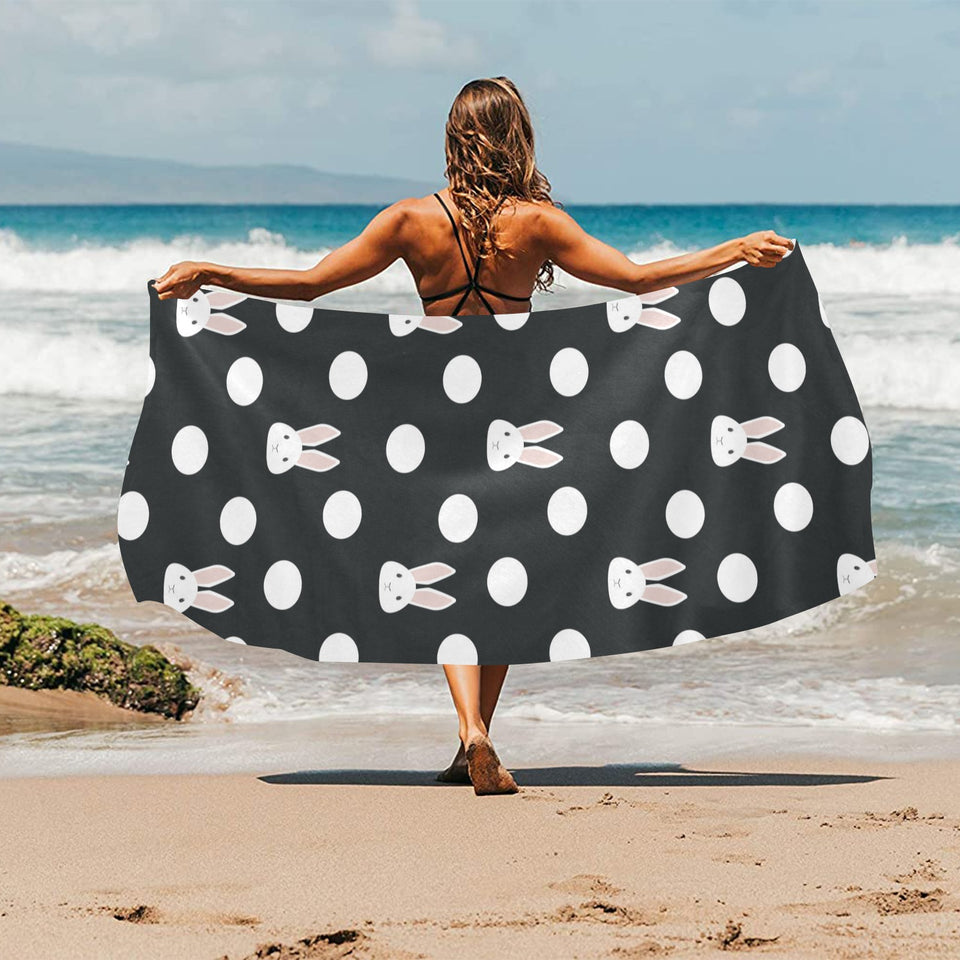 Cute white rabbit polka dots black background Beach Towel
