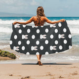 Cute white rabbit polka dots black background Beach Towel