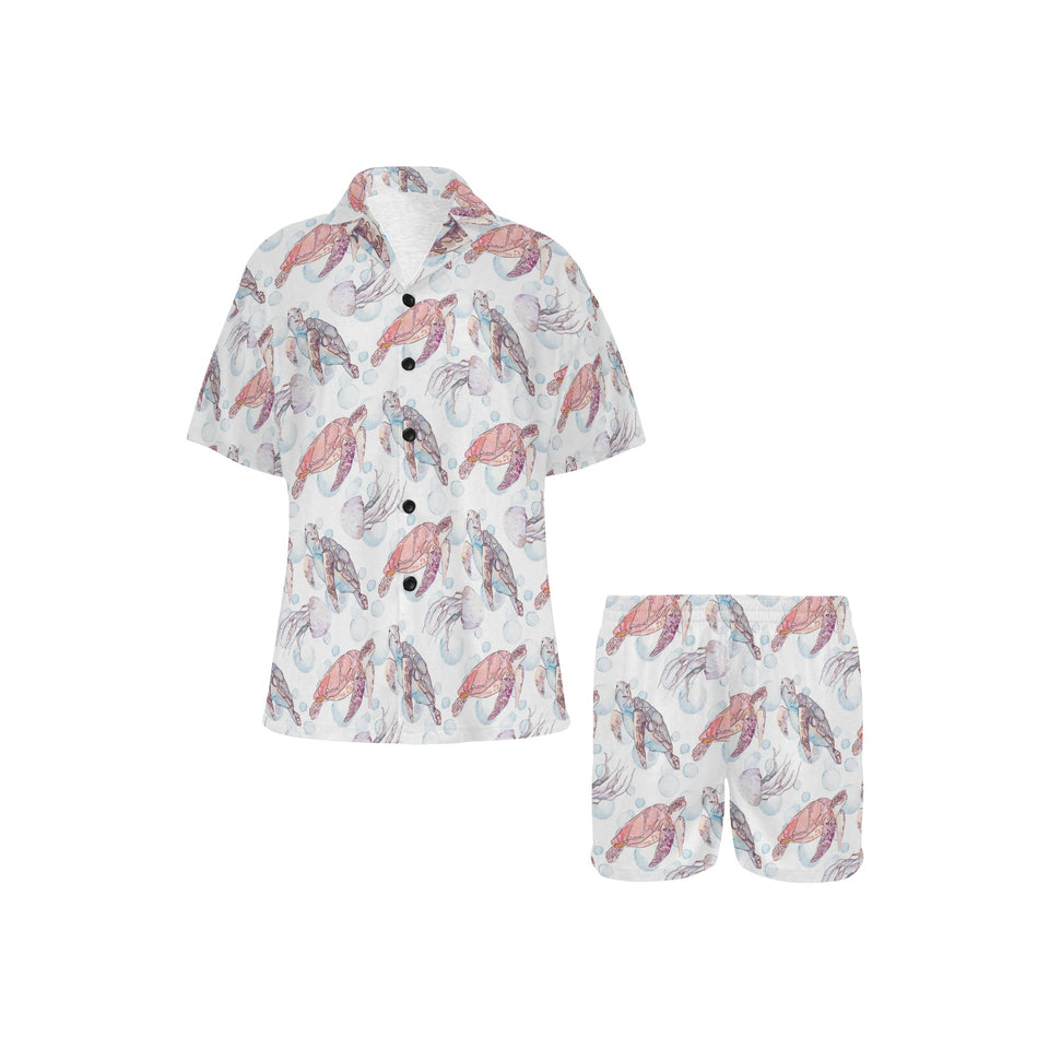 Watercolor sea turtle jellyfish pattern Women's V-Neck Short Pajama Set