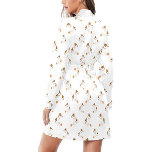 Jack Russel Pattern Print Design 05 Women's Long Sleeve Belted Night Robe