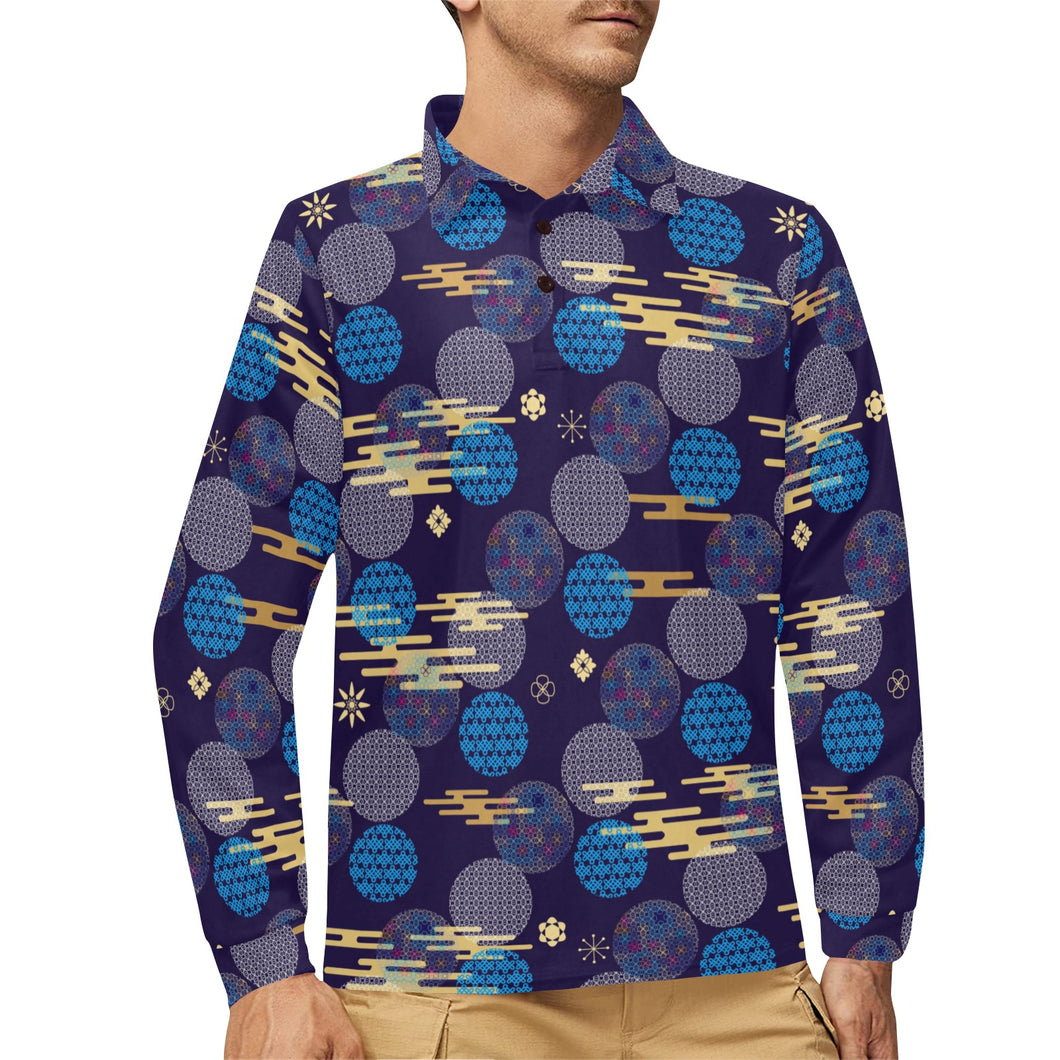 Blue japanese pattern cloud wave flower Men's Long Sleeve Polo Shirt