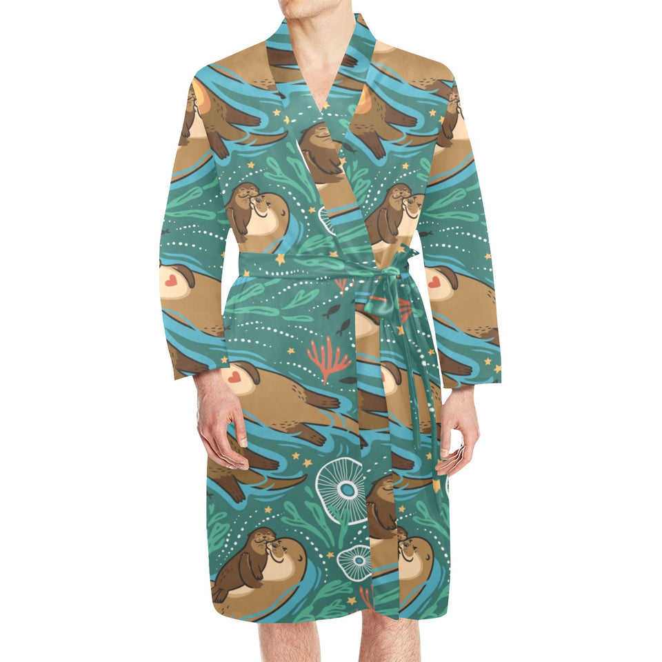 cute brown sea otters ornamental seaweed corals gr Men's Long Sleeve Belted Night Robe