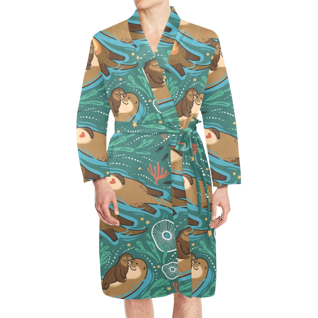 cute brown sea otters ornamental seaweed corals gr Men's Long Sleeve Belted Night Robe