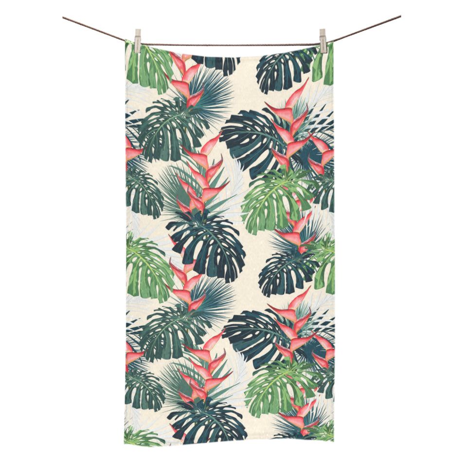 heliconia flowers, palm and monstera leaves Bath Towel