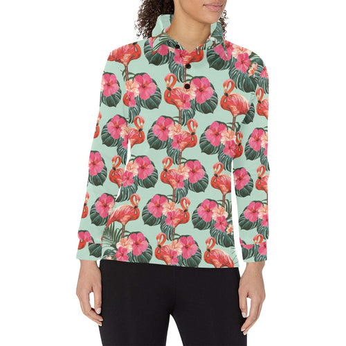 Beautiful flamingo tropical palm leaves hibiscus p Women's Long Sleeve Polo Shirt