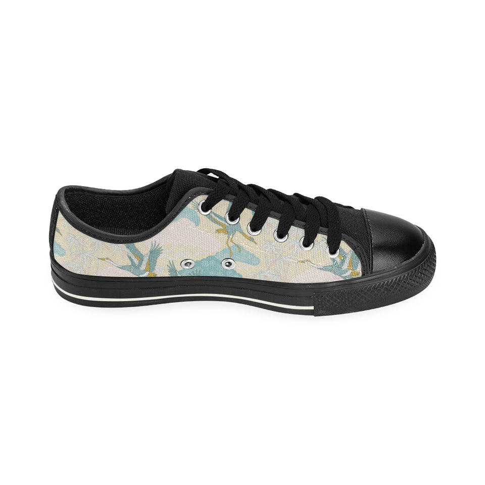 Bonsai bamboo stork japanese pattern cream theme Men's Low Top Canvas Shoes Black